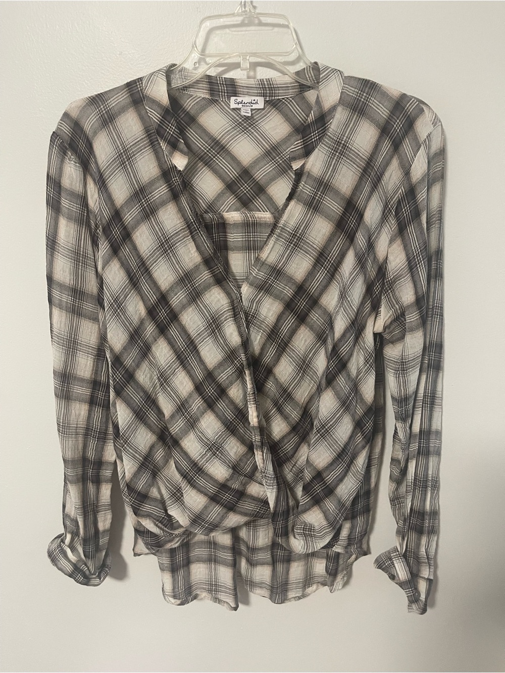 Splendid Black and White Plaid Wrap-Style Button Down Top